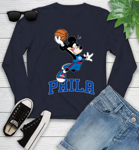 NBA Basketball Philadelphia 76ers Cheerful Mickey Mouse Shirt Youth Long Sleeve 3
