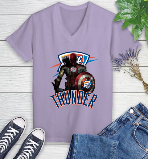 Oklahoma City Thunder NBA Basketball Captain America Thor Spider Man Hawkeye Avengers Women's V-Neck T-Shirt 14