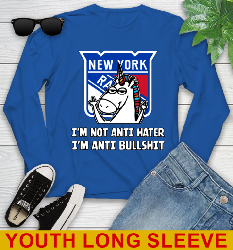 New York Rangers NHL Hockey Unicorn I'm Not Anti Hater I'm Anti Bullshit Youth Long Sleeve 10