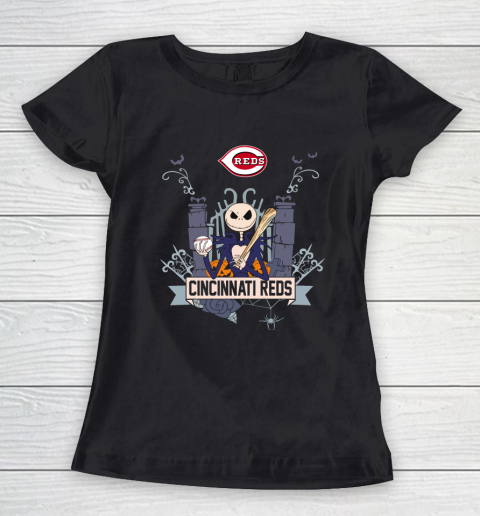 MLB Cincinnati Reds Baseball Jack Skellington Halloween Women's T-Shirt