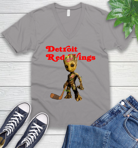 Detroit Red Wings NHL Hockey Groot Marvel Guardians Of The Galaxy V-Neck T-Shirt 4