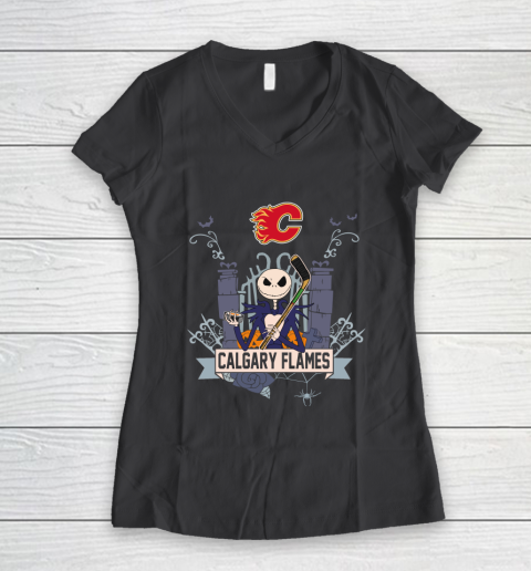 NHL Calgary Flames Hockey Jack Skellington Halloween Women's V-Neck T-Shirt 6