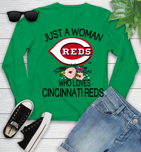 MLB Just A Woman Who Loves Cincinnati Reds Baseball Sports Youth Long Sleeve 4