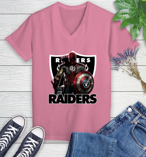 NFL Captain America Thor Spider Man Hawkeye Avengers Endgame Football Oakland Raiders Women's V-Neck T-Shirt 13