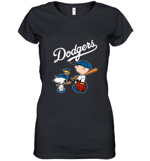 Los Angeles Dodgers Let's Play Baseball Together Snoopy MLB Women's V-Neck T-Shirt