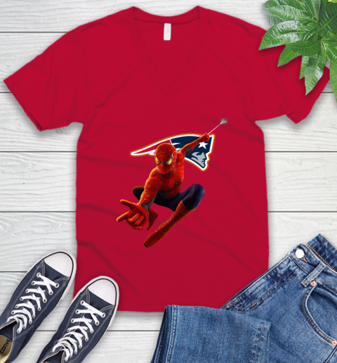 NFL Spider Man Avengers Endgame Football New England Patriots V-Neck T-Shirt 7