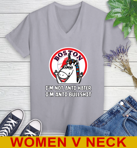 Boston Red Sox MLB Baseball Unicorn I'm Not Anti Hater I'm Anti Bullshit Women's V-Neck T-Shirt 5