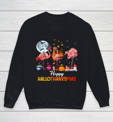 Flamingo Halloween And Merry Christmas Happy Hallothanksmas Youth Sweatshirt