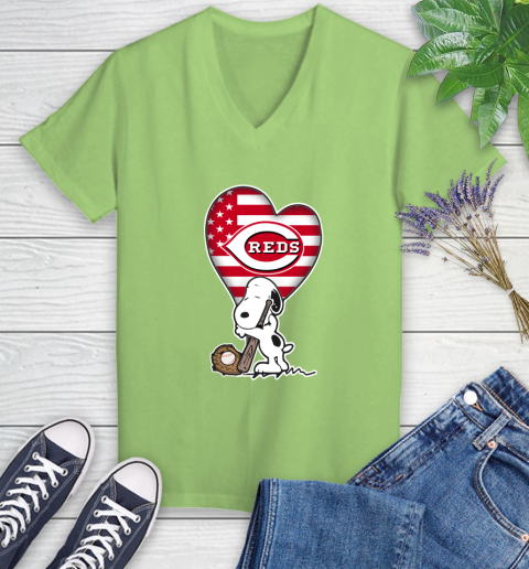Cincinnati Reds MLB Baseball The Peanuts Movie Adorable Snoopy Women's V-Neck T-Shirt 11