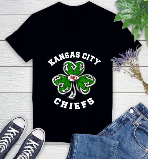 NFL Kansas City Chiefs Three Leaf Clover St Patrick's Day Football Sports Women's V-Neck T-Shirt