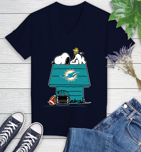 Miami Dolphins NFL Football Snoopy Woodstock The Peanuts Movie Women's V-Neck T-Shirt 3