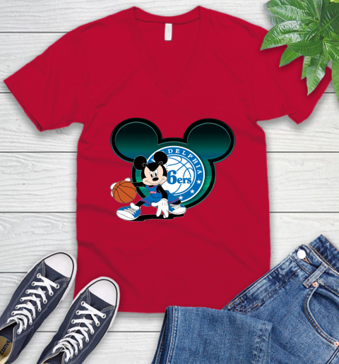 NBA Philadelphia 76ers Mickey Mouse Disney Basketball V-Neck T-Shirt 8