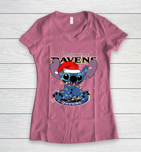 Baltimore Ravens NFL Football noel stitch Christmas Women's V-Neck T-Shirt 7