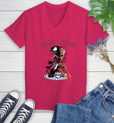 MLB Toronto Blue Jays Baseball Venom Groot Guardians Of The Galaxy Women's V-Neck T-Shirt 9