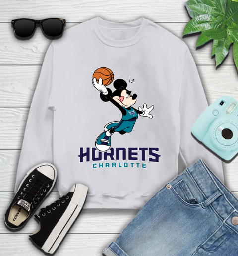 NBA Basketball Charlotte Hornets Cheerful Mickey Mouse Shirt Youth Sweatshirt 4