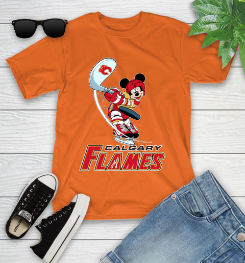 NHL Hockey Calgary Flames Cheerful Mickey Mouse Shirt Youth T-Shirt 7