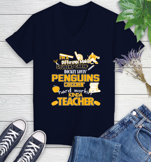 Pittsburgh Penguins NHL I'm A Difference Making Student Caring Hockey Loving Kinda Teacher Women's V-Neck T-Shirt 2