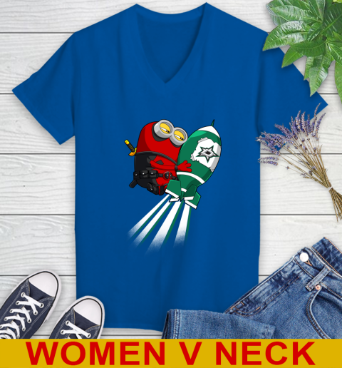 NHL Hockey Dallas Stars Deadpool Minion Marvel Shirt Women's V-Neck T-Shirt 9