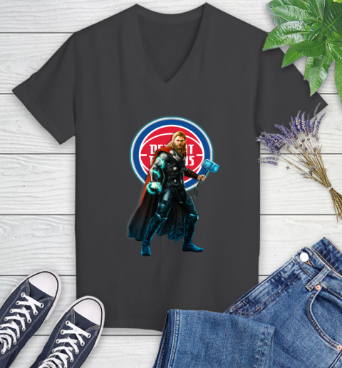 NBA Thor Avengers Endgame Basketball Detroit Pistons Women's V-Neck T-Shirt 8