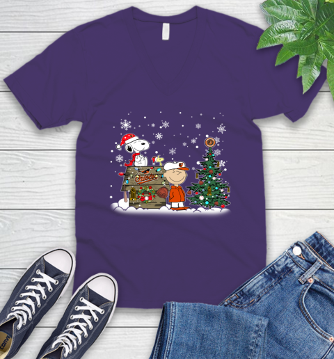 MLB Baltimore Orioles Snoopy Charlie Brown Christmas Baseball Commissioner's Trophy V-Neck T-Shirt 9