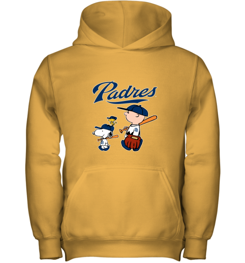 i50l san diego padres lets play baseball together snoopy mlb shirt youth hoodie 43 front gold