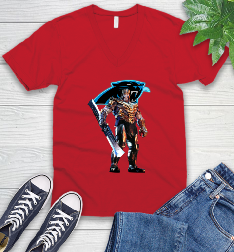 NFL Thanos Gauntlet Avengers Endgame Football Carolina Panthers V-Neck T-Shirt 7
