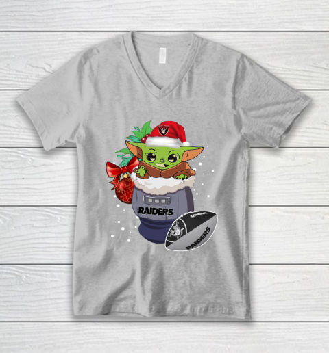 Oakland Raiders Christmas Baby Yoda Star Wars Funny Happy NFL V-Neck T-Shirt 4