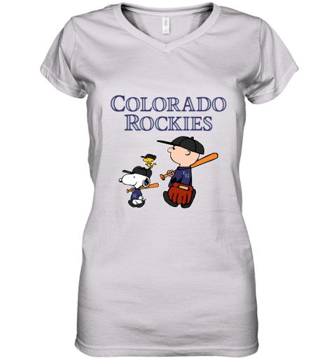 Colorado Rockies Let's Play Baseball Together Snoopy MLB Women's V-Neck T-Shirt