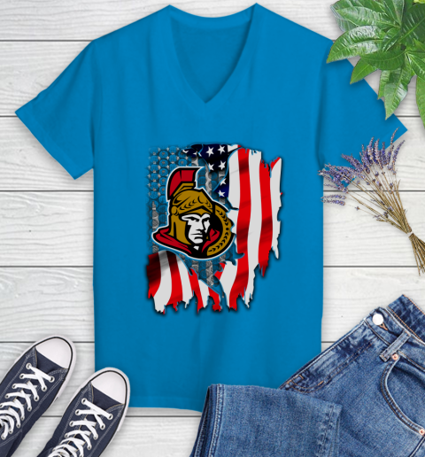 Ottawa Senators NHL Hockey American Flag Women's V-Neck T-Shirt 7