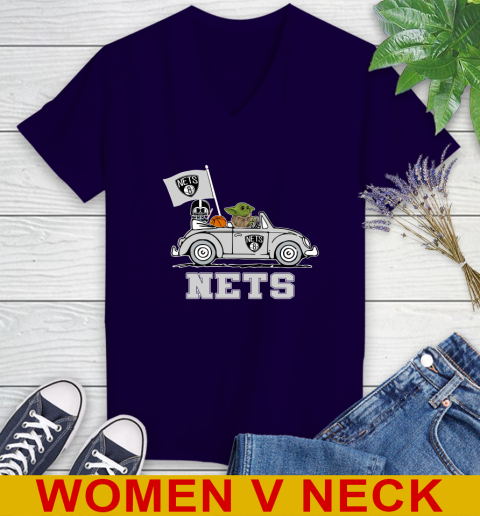 NBA Basketball Brooklyn Nets Darth Vader Baby Yoda Driving Star Wars Shirt Women's V-Neck T-Shirt 4