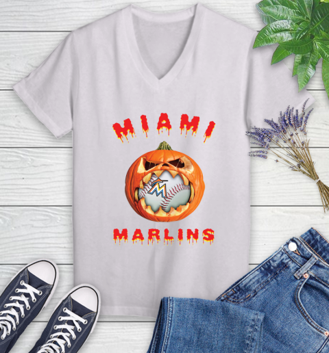MLB Miami Marlins Halloween Pumpkin Baseball Sports Women's V-Neck T-Shirt