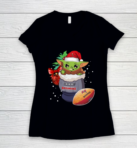Tampa Bay Buccaneers Christmas Baby Yoda Star Wars Funny Happy NFL Women's V-Neck T-Shirt