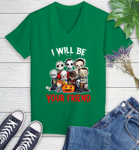 Halloween Horror Movie Characters Chibi I Will Be Your Friend Women's V-Neck T-Shirt 3