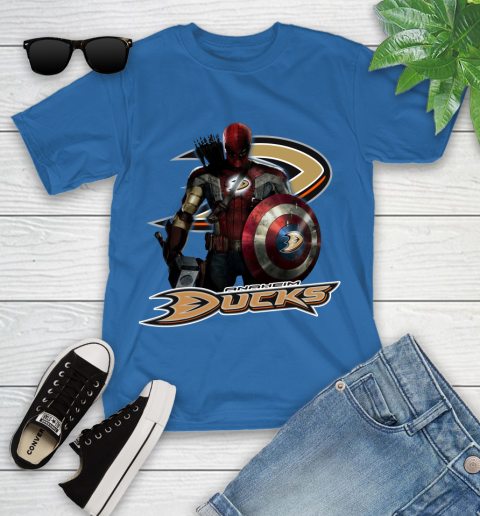 NHL Captain America Thor Spider Man Hawkeye Avengers Endgame Hockey Anaheim Ducks Youth T-Shirt 9