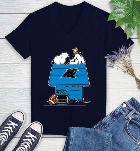 Carolina Panthers NFL Football Snoopy Woodstock The Peanuts Movie Women's V-Neck T-Shirt 3