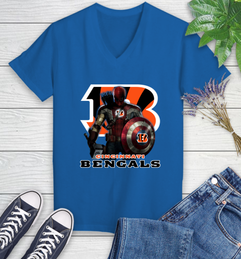 NFL Captain America Thor Spider Man Hawkeye Avengers Endgame Football Cincinnati Bengals Women's V-Neck T-Shirt 10