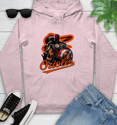 MLB Captain America Thor Spider Man Hawkeye Avengers Endgame Baseball Baltimore Orioles Youth Hoodie 10