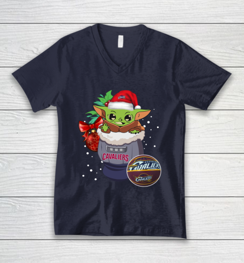 Cleveland Cavaliers Christmas Baby Yoda Star Wars Funny Happy NBA V-Neck T-Shirt 3