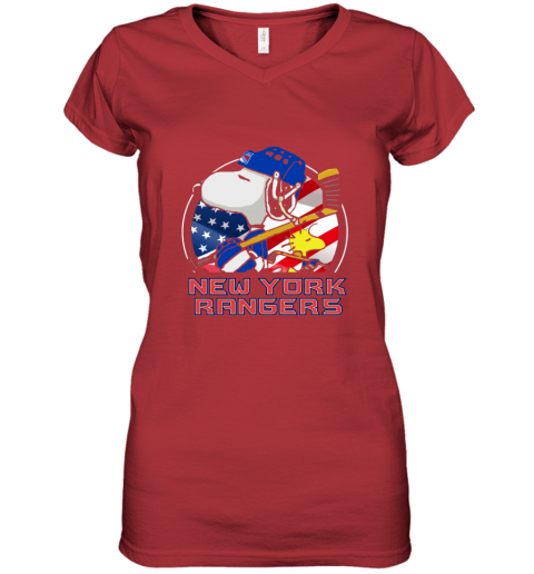 nkex new york rangersnoopy and woodstock nhl women v neck t shirt 39 front red