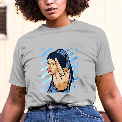 Air Jordan 1 Obsidian UNC Matching Sneaker Tshirt The girl With The Pearl Earing Middle Finger Blue and white Jordan Tshirt