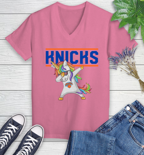 New York Knicks NBA Basketball Funny Unicorn Dabbing Sports Women's V-Neck T-Shirt 13