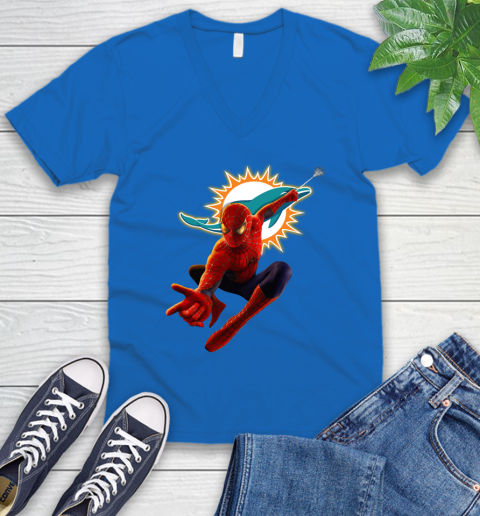 NFL Spider Man Avengers Endgame Football Miami Dolphins V-Neck T-Shirt 6