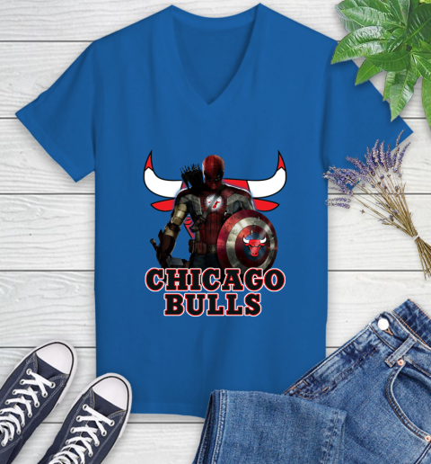 Chicago Bulls NBA Basketball Captain America Thor Spider Man Hawkeye Avengers Women's V-Neck T-Shirt 10