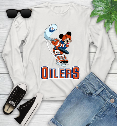 NHL Hockey Edmonton Oilers Cheerful Mickey Mouse Shirt Youth Long Sleeve 12