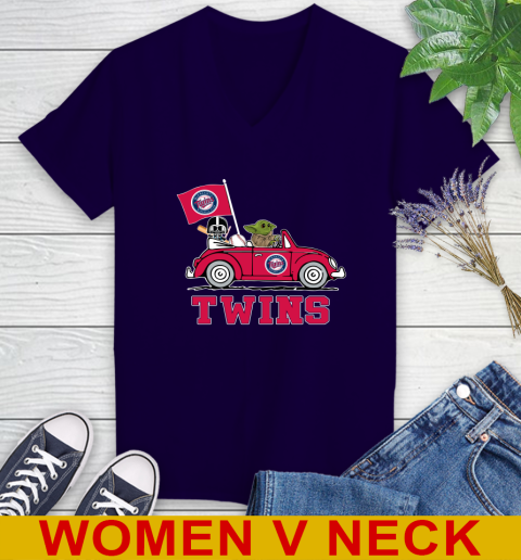 MLB Baseball Minnesota Twins Darth Vader Baby Yoda Driving Star Wars Shirt Women's V-Neck T-Shirt 4