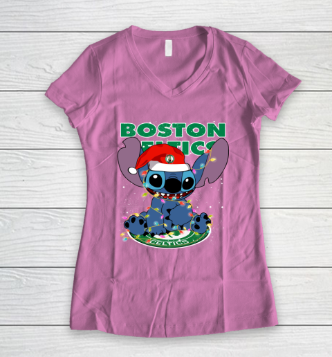 Boston Celtics NBA noel stitch Basketball Christmas Women's V-Neck T-Shirt 8