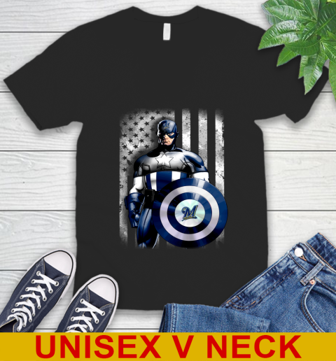 Milwaukee Brewers MLB Baseball Captain America Marvel Avengers American Flag Shirt V-Neck T-Shirt