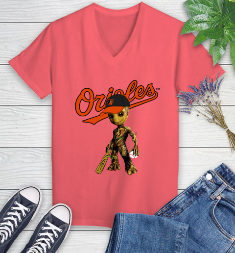 MLB Baltimore Orioles Groot Guardians Of The Galaxy Baseball Women's V-Neck T-Shirt 6