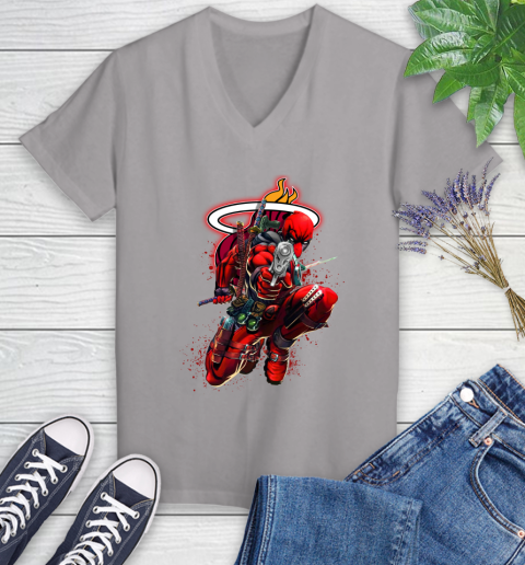 NBA Deadpool Marvel Comics Sports Basketball Miami Heat Women's V-Neck T-Shirt 4