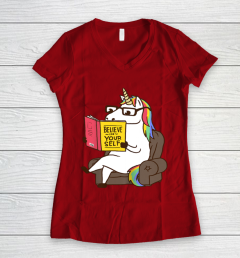 Unicorn Shirt Believe in Yourself Motivational Book Lover Women's V-Neck T-Shirt 10